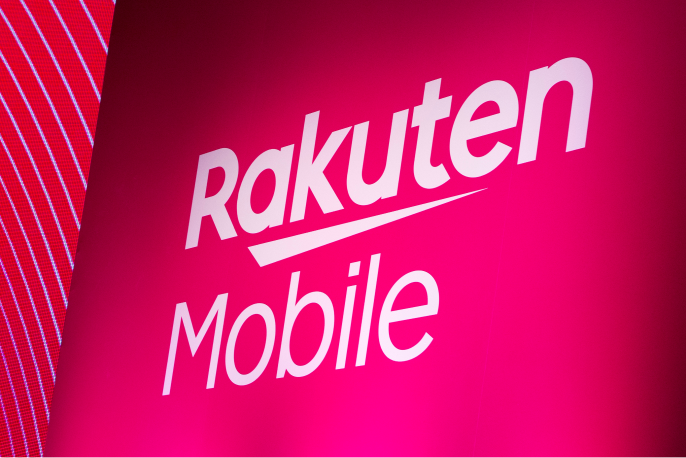 Rakuten Mobile logo taken at a press conference.